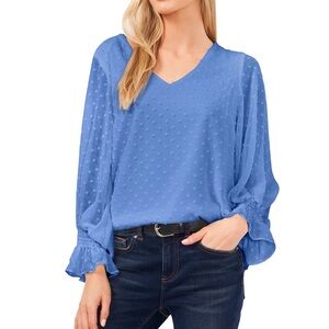 VINCE CAMUTO Women's Blouse Swiss Dot Blue  Puff Sleeve Lined MSRP $79 Sz Medium